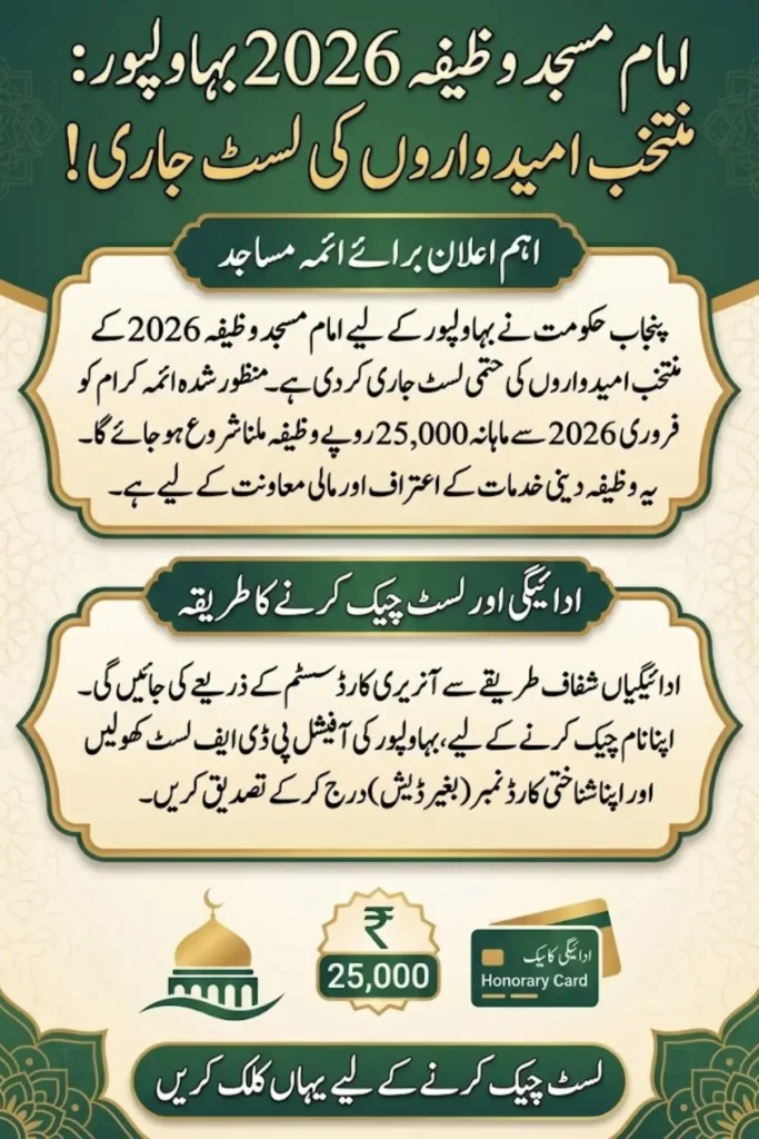 Imam Masjid Wazifa Selected Candidate List 2026 for Bahawalpur – Eligibility, CNIC Check, and Rs. 25,000 Stipend Details